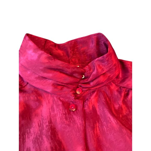 Vintage 80s Prelude Red Satin Blouse With High Collar & Button Front Womens L - Picture 2 of 4